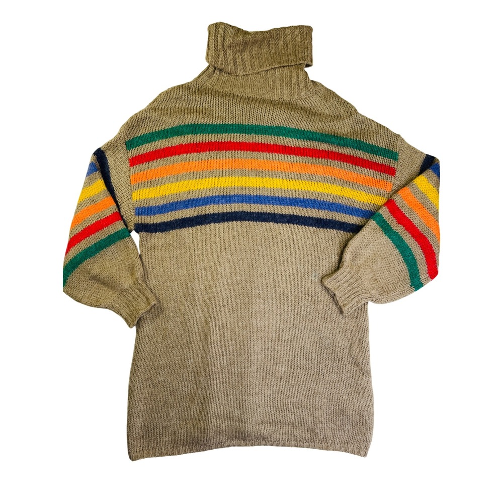 L Love Tan Rainbow Stripe Turtleneck Oversized Tunic Sweater S/M